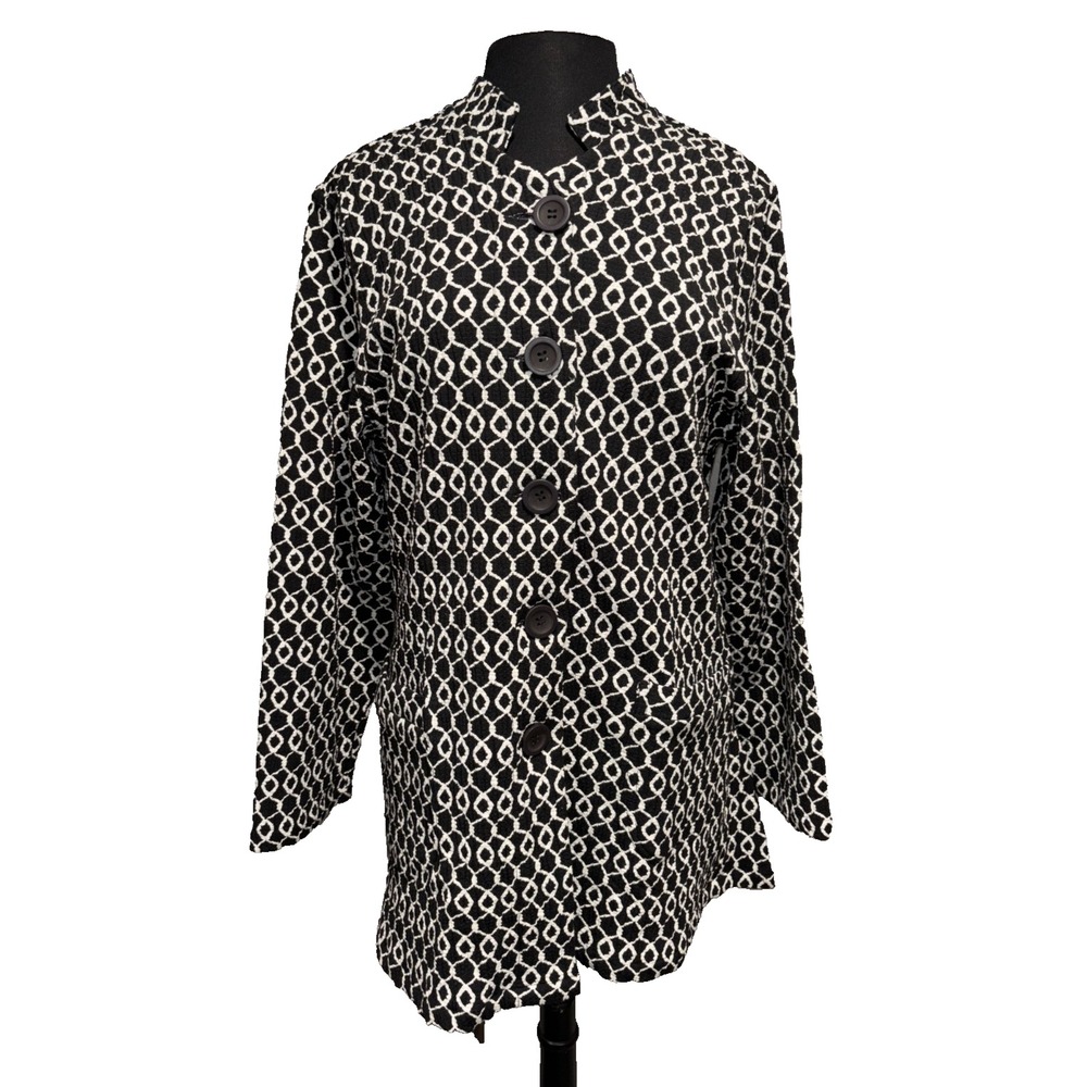 LA BLEND Mandarin Pocket Jacket Black White‎ Geometric Lattice Print Size L NWT